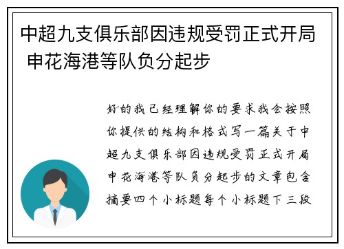 中超九支俱乐部因违规受罚正式开局 申花海港等队负分起步